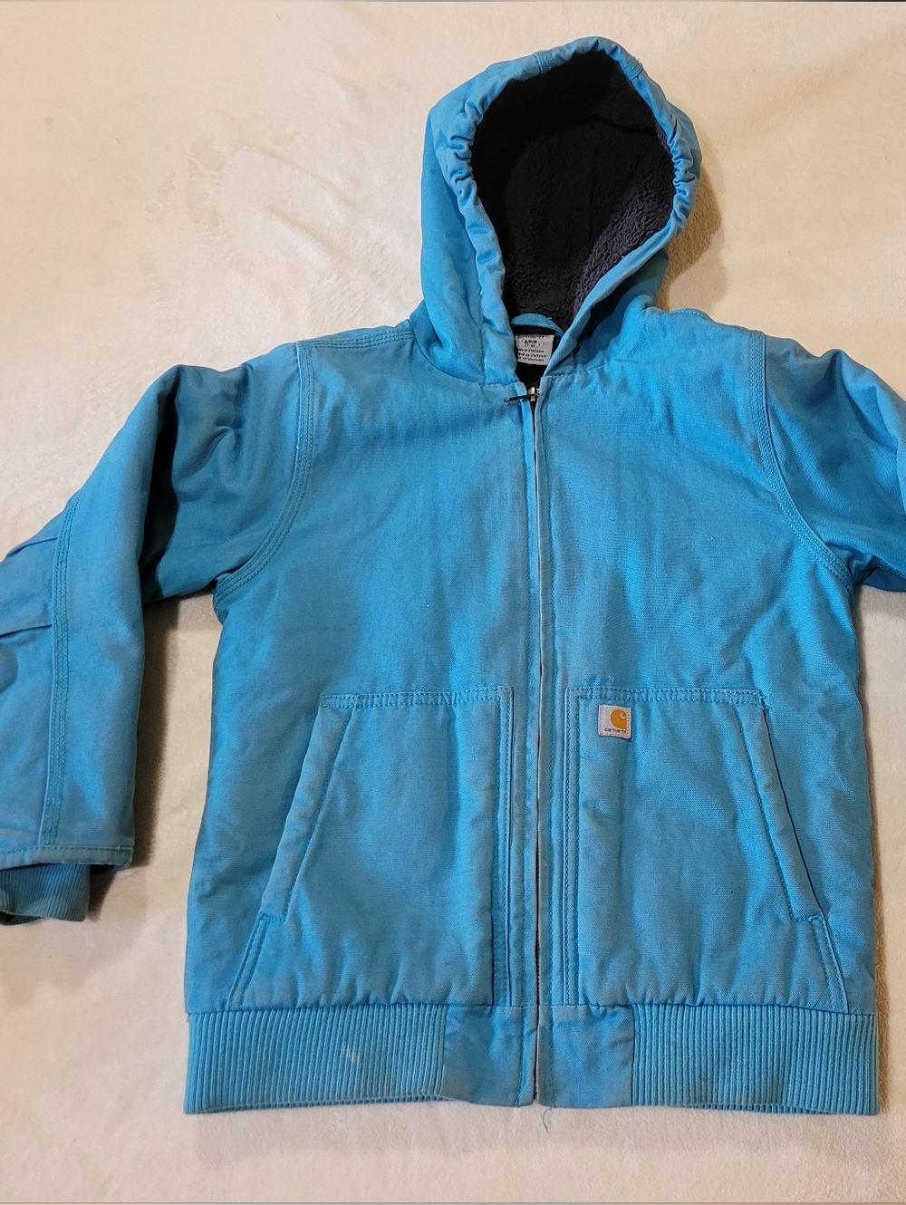 Carhartt Youth Sherpa Insulated Canvas Hooded Jacket Teal Blue S (7-8)